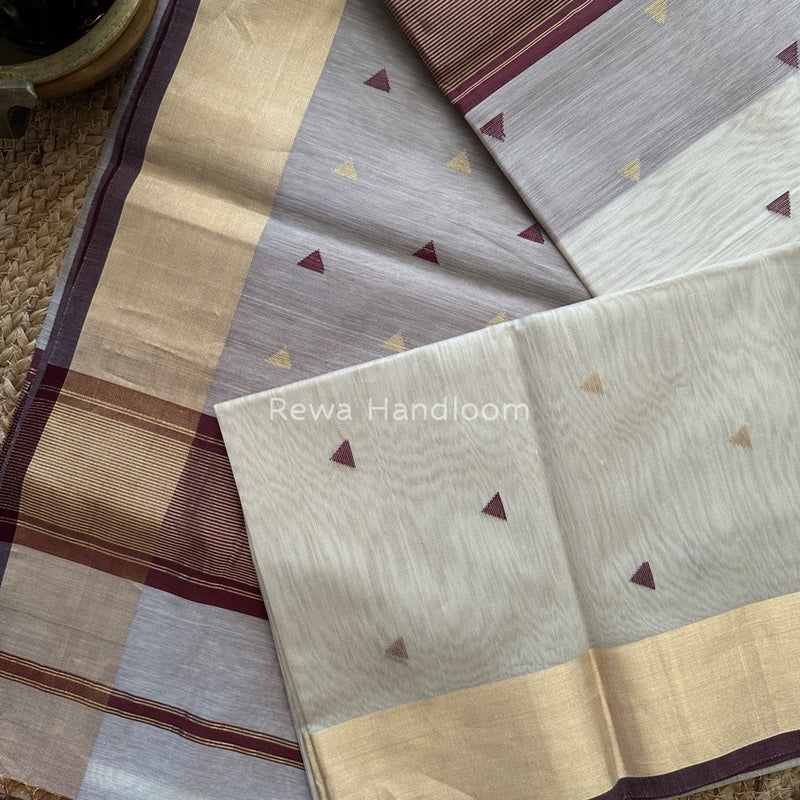 Cream White Zari Triangle Butti Maheshwari Saree SB048