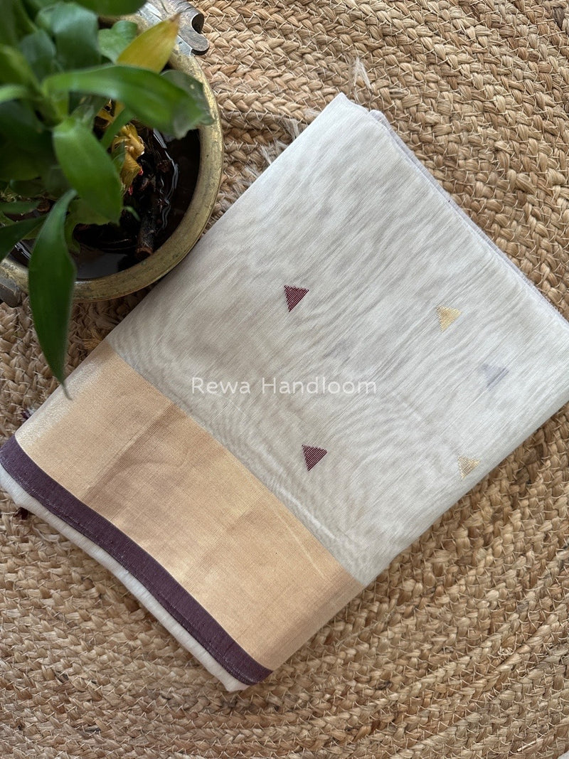 Cream White Zari Triangle Butti Maheshwari Saree SB048