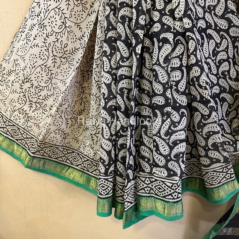 Black Chanderi Printed Zari Border Saree MCPS017