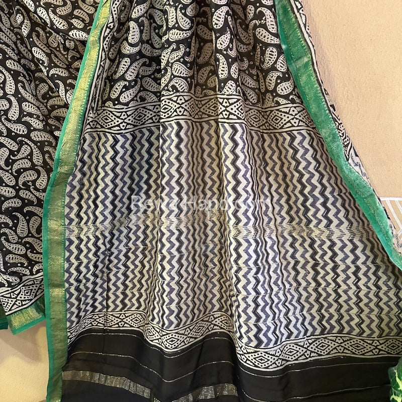 Black Chanderi Printed Zari Border Saree MCPS017