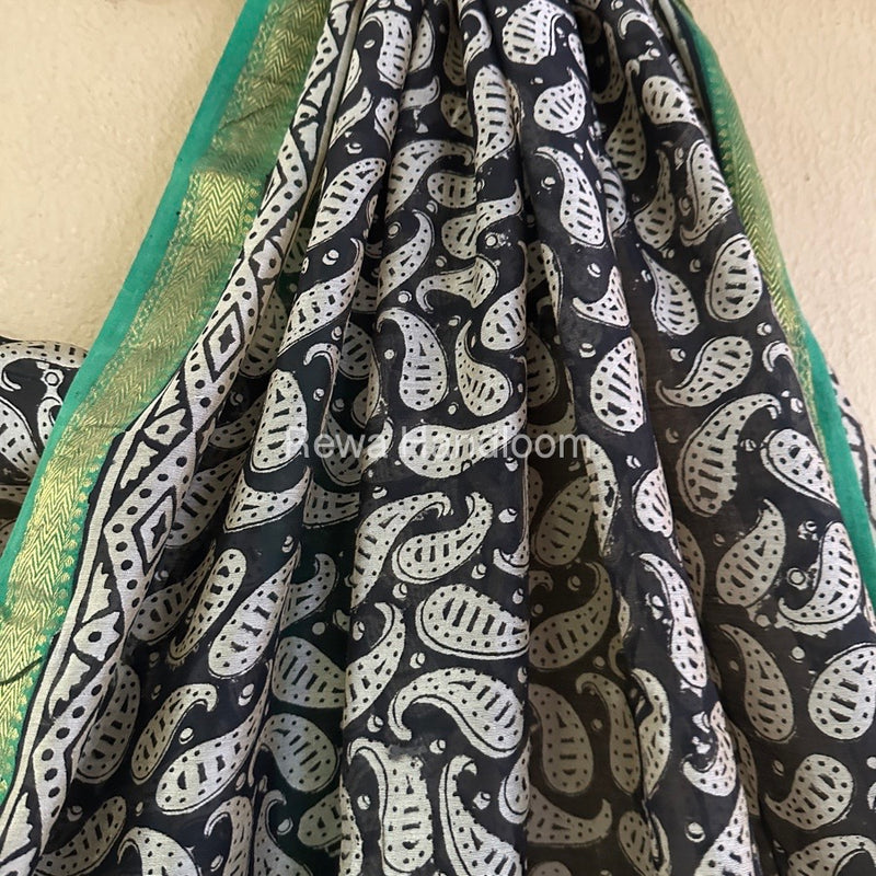 Black Chanderi Printed Zari Border Saree MCPS017
