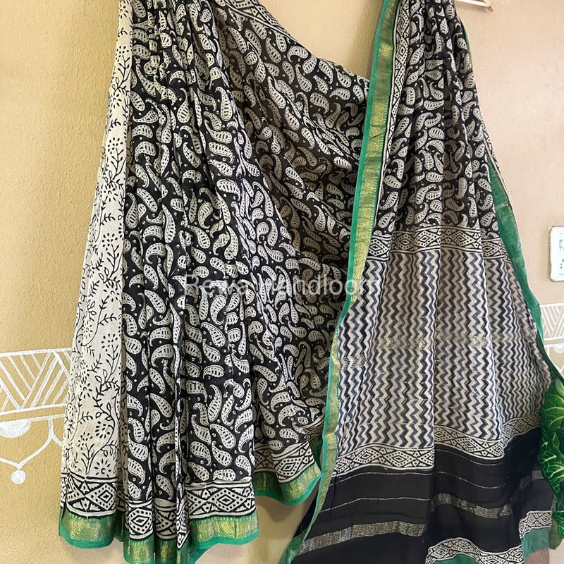 Black Chanderi Printed Zari Border Saree MCPS017