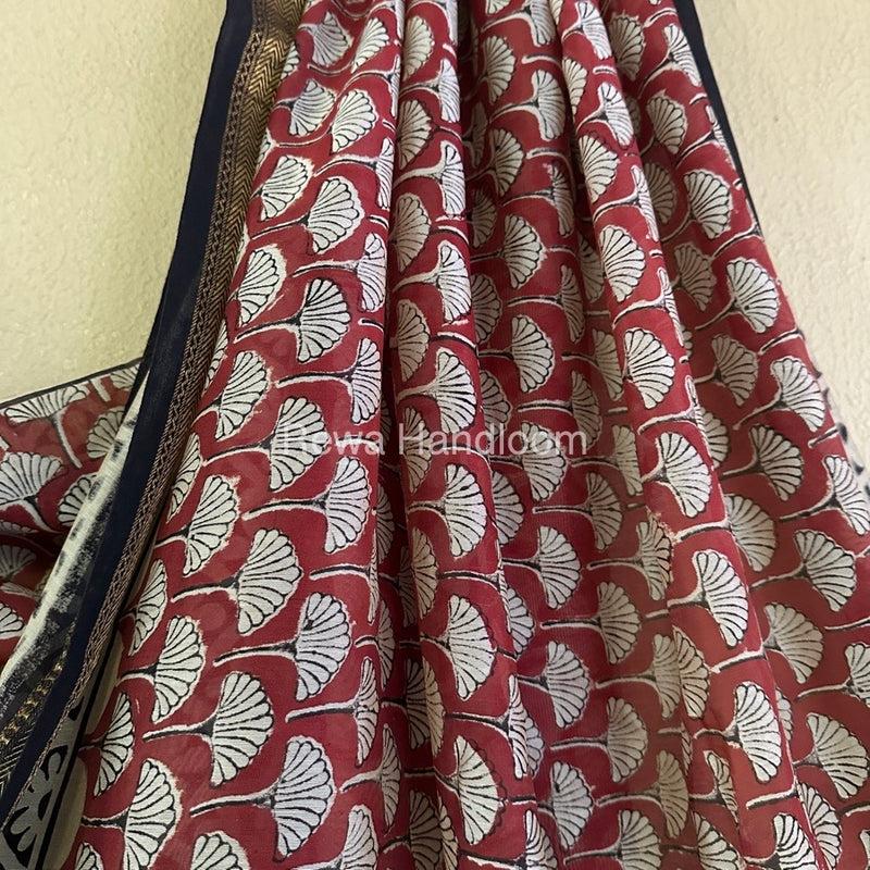 Red Chanderi Printed Zari Border Saree MCPS019