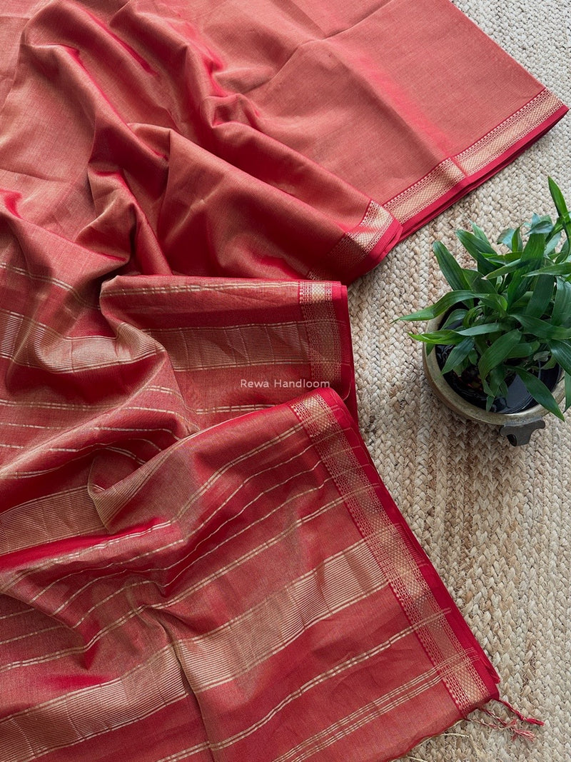 Maheshwari Red Tissue Silk Saree TB018