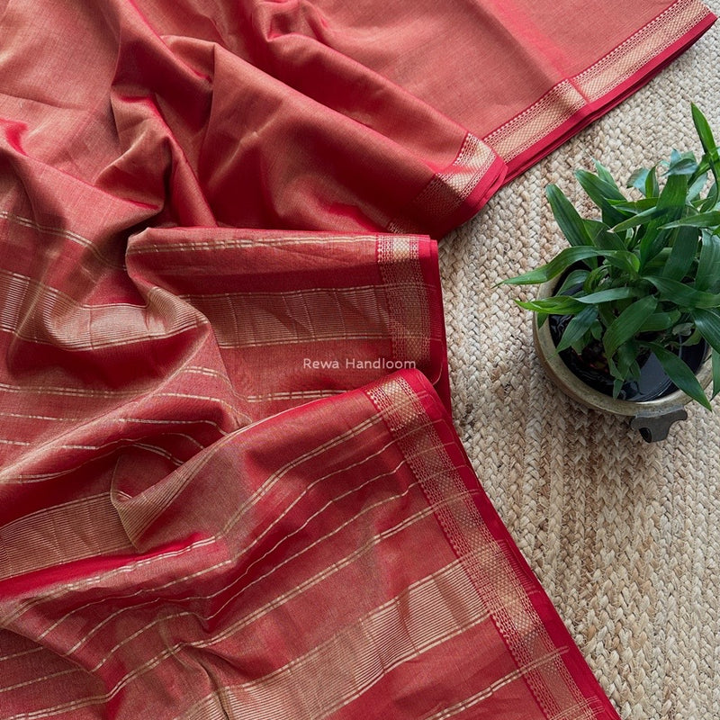 Maheshwari Red Tissue Silk Saree TB018
