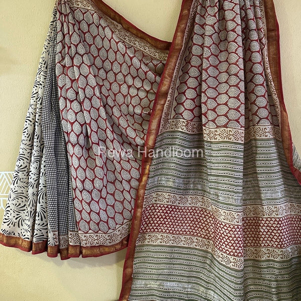  Chanderi Printed Zari Border Saree