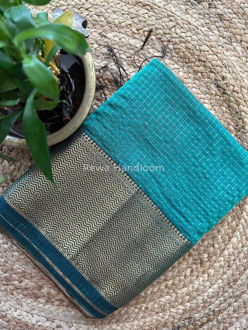 Maheshwari Sea Green Zari Skirt Checks Saree SCS02