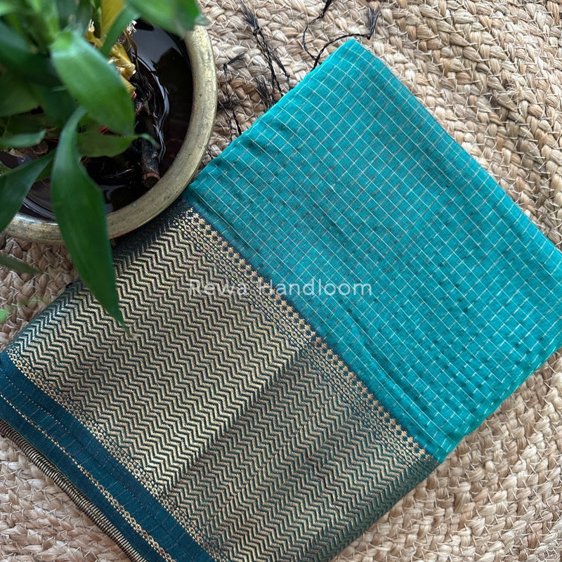 Maheshwari Sea Green Zari Skirt Checks Saree SCS02