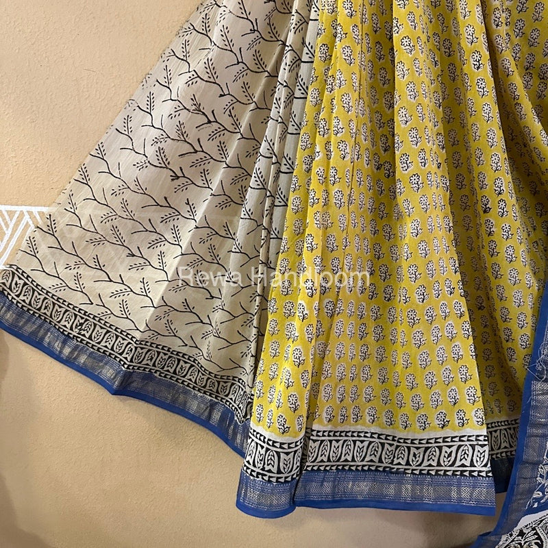 Yellow Chanderi Printed Zari Border Saree MCPS014