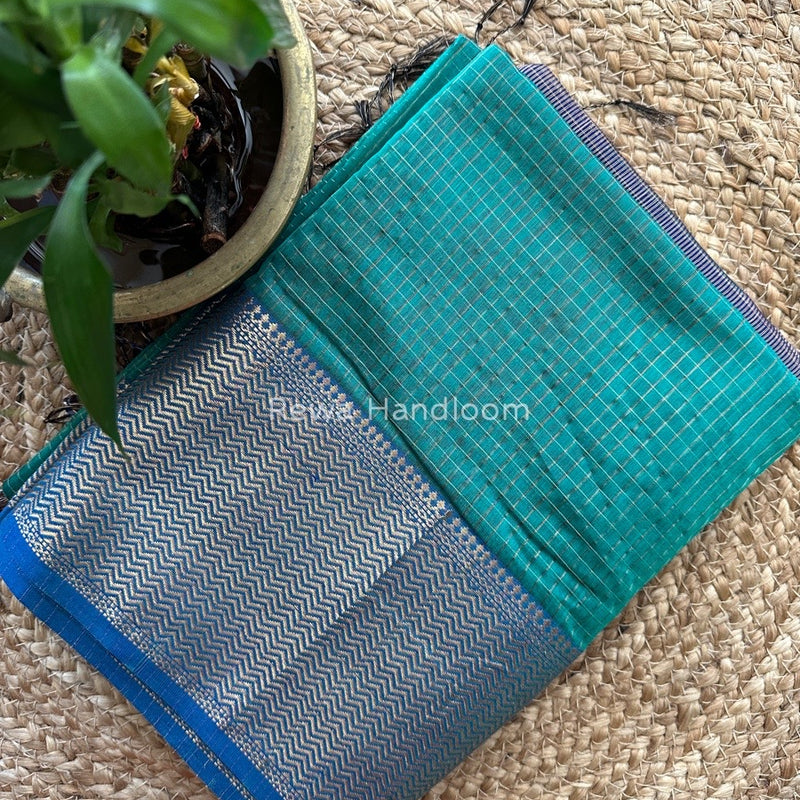 Maheshwari Teal Green Zari Skirt Checks Saree SCS05