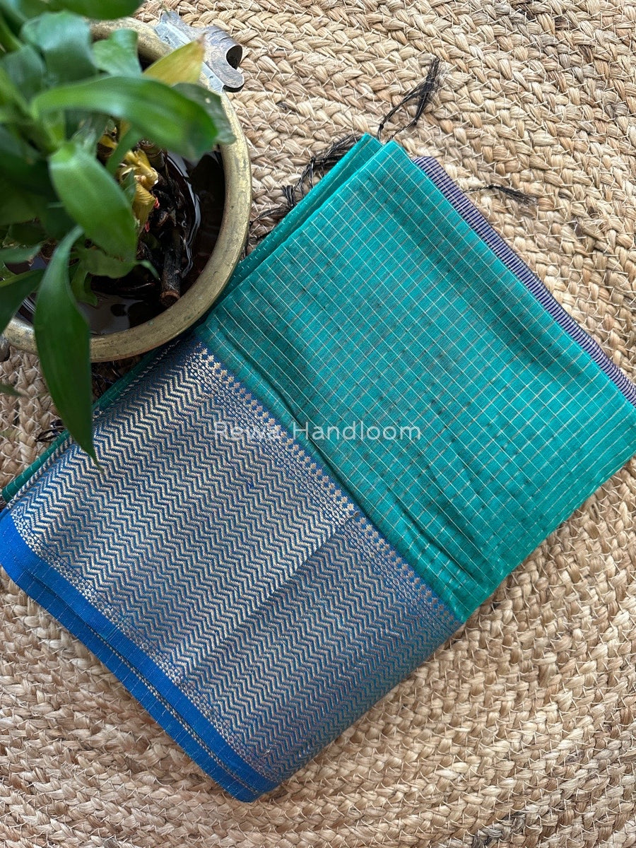 Maheshwari Teal Green Zari Skirt Checks Saree SCS05