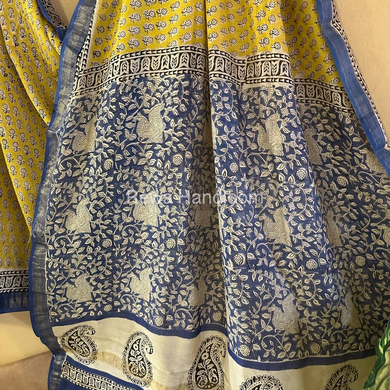 Yellow Chanderi Printed Zari Border Saree MCPS014