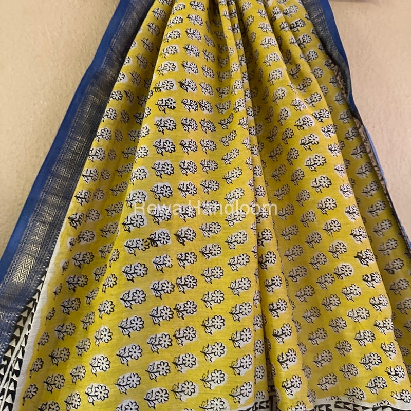 Yellow Chanderi Printed Zari Border Saree MCPS014
