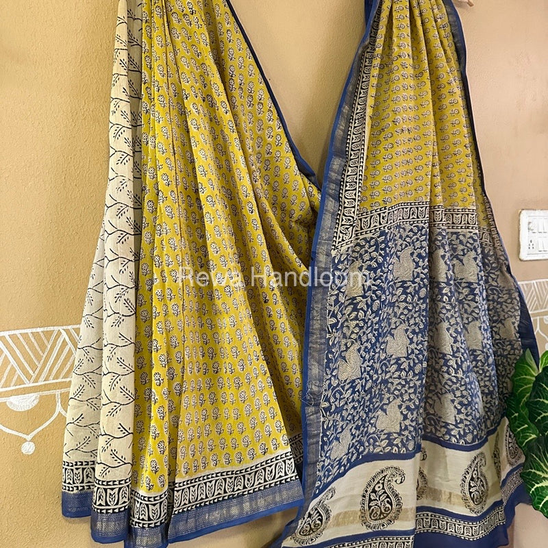 Yellow Chanderi Printed Zari Border Saree MCPS014