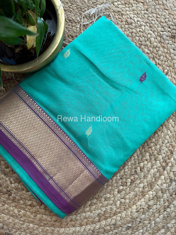 Sea Green Butta Butti Zari Border Maheshwari Saree ZBB01