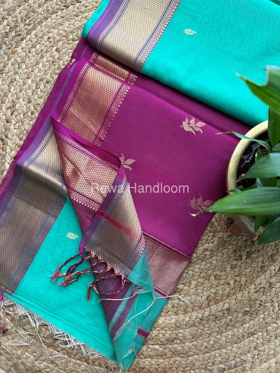 Sea Green Butta Pallu Zari Border Maheshwari Saree ZBB01