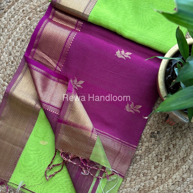 Parrot Green Butta Pallu Zari Border Maheshwari Saree ZBB026