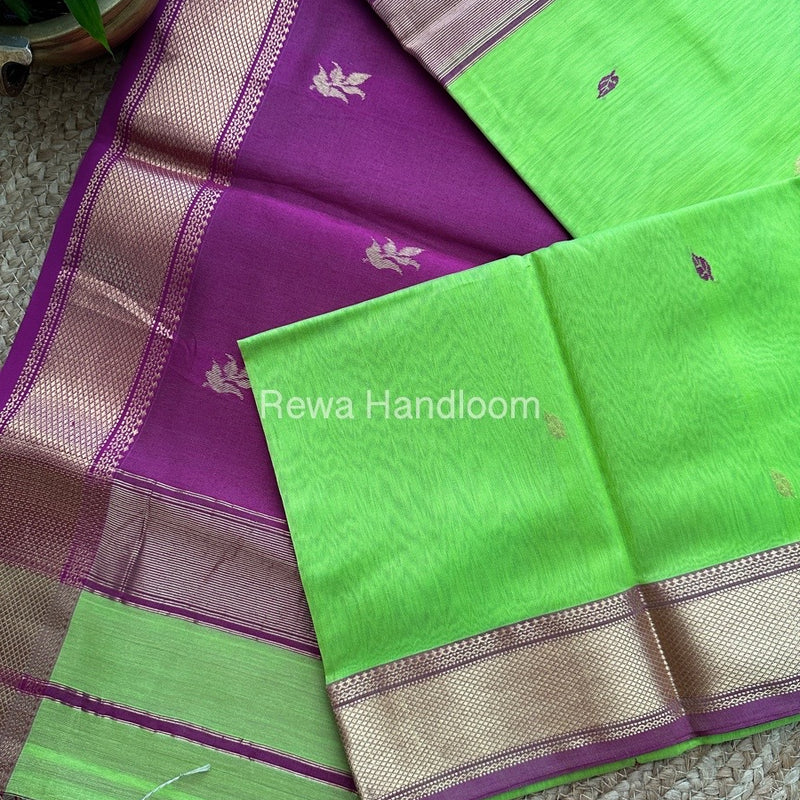 Parrot Green Butta Pallu Zari Border Maheshwari Saree ZBB026