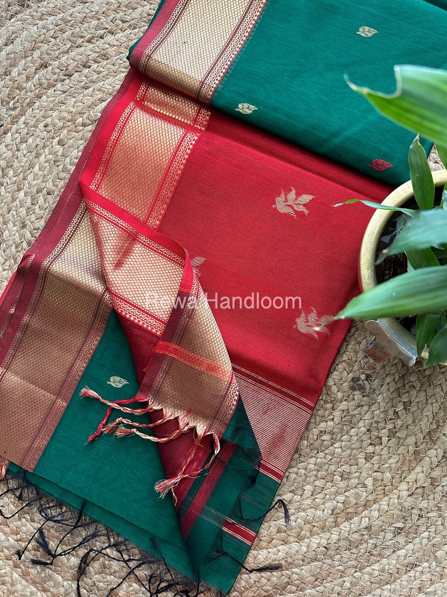 Bottle Green Butta Pallu Zari Border Maheshwari Saree ZB027