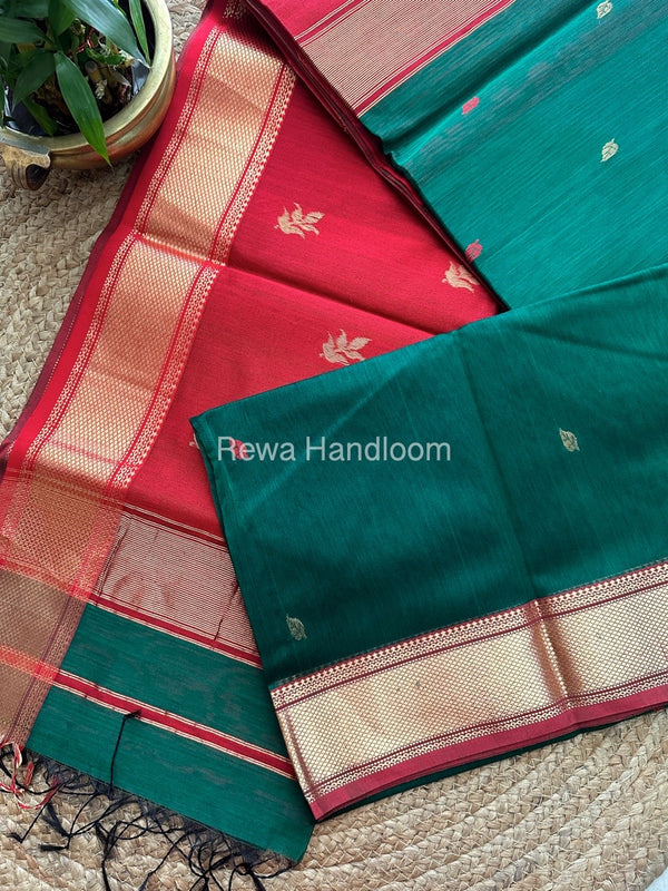 Bottle Green Butta Pallu Zari Border Maheshwari Saree ZBB027