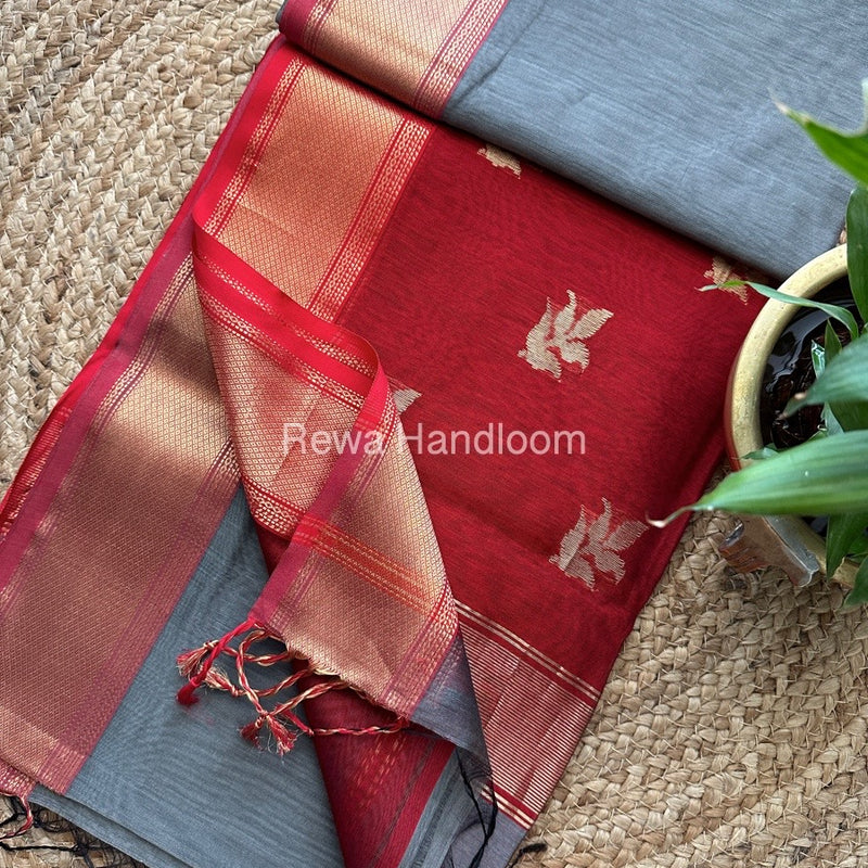 Grey Butta Pallu Zari Border Maheshwari Saree ZBB028