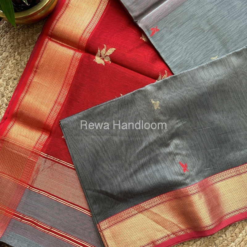 Grey Butta Pallu Zari Border Maheshwari Saree ZBB028