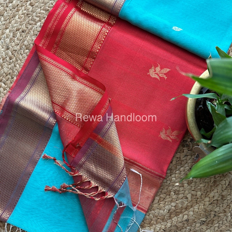 Aqua Green Butta Pallu Zari Border Maheshwari Saree ZBB029