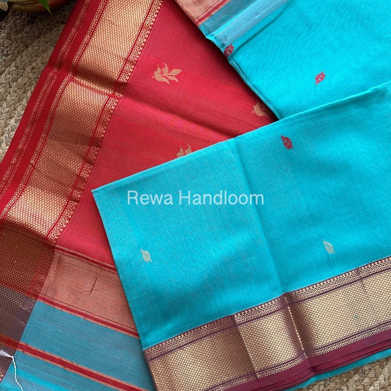 Aqua Green Butta Pallu Zari Border Maheshwari Saree ZBB029