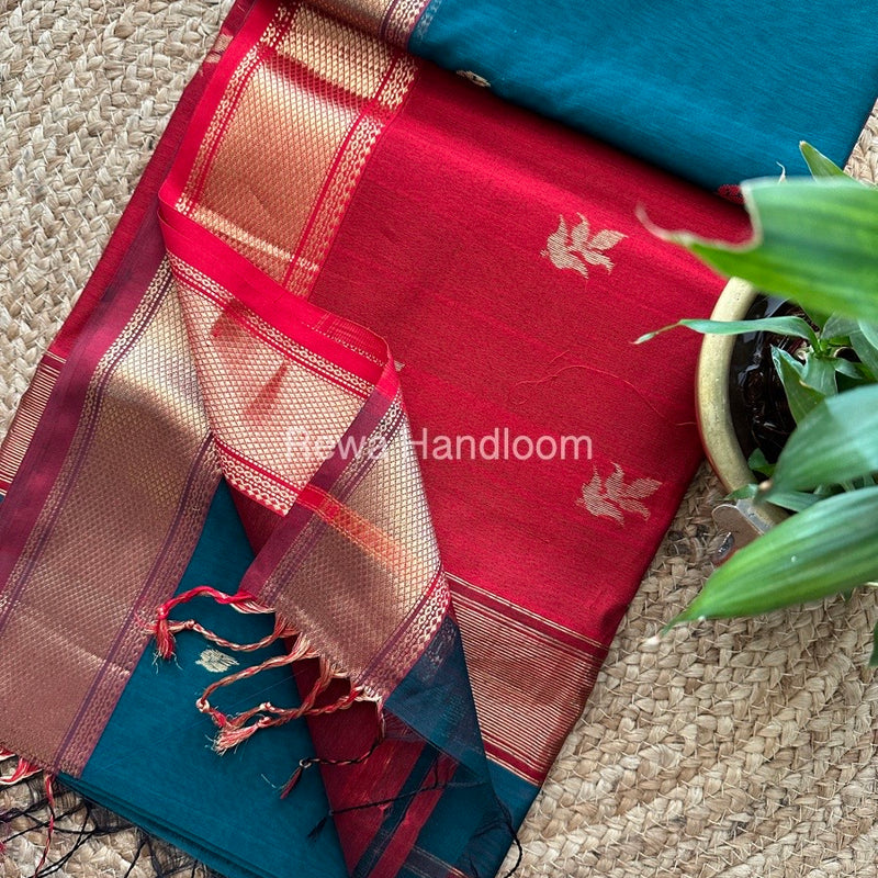 Rama Green Butta Pallu Zari Border Maheshwari Saree ZBB030
