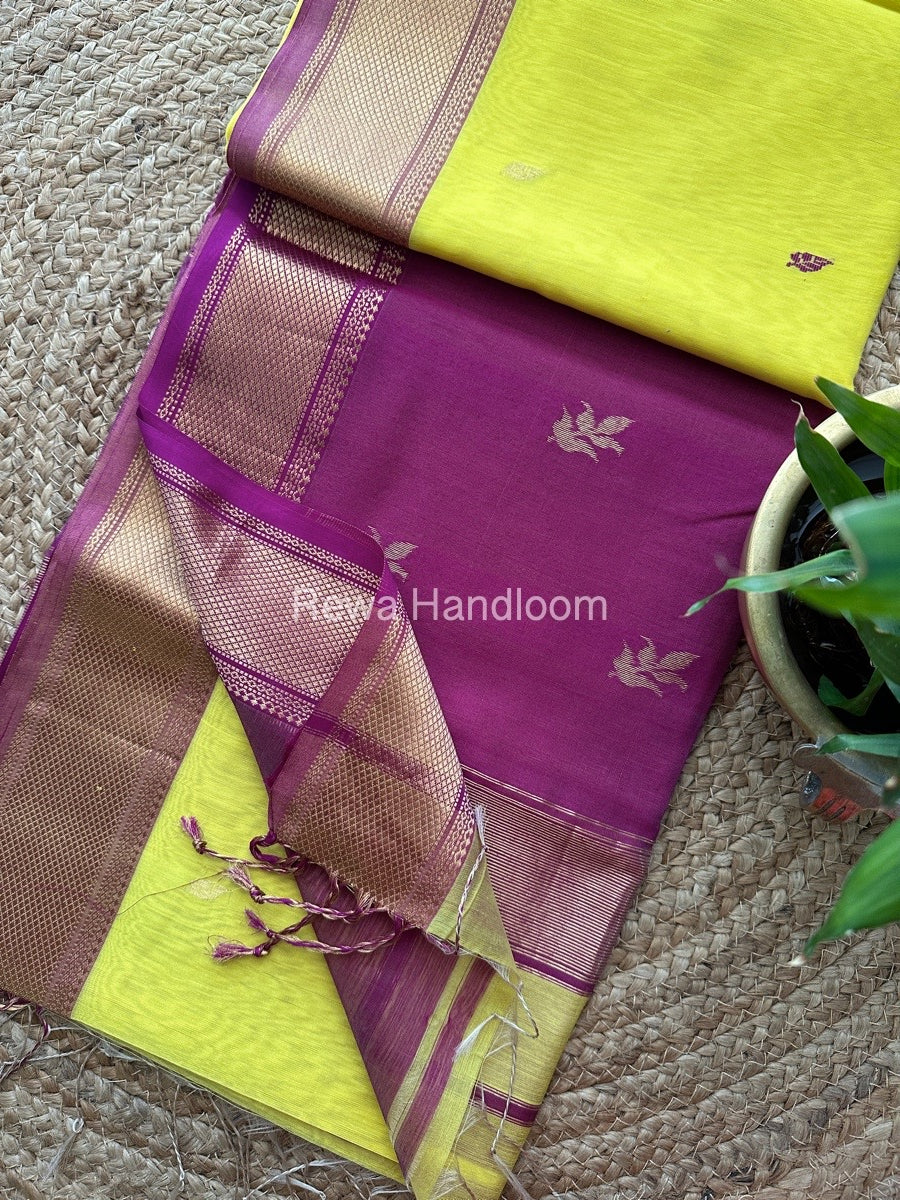 Lemon Yellow Butta Pallu Zari Border Maheshwari Saree ZB031