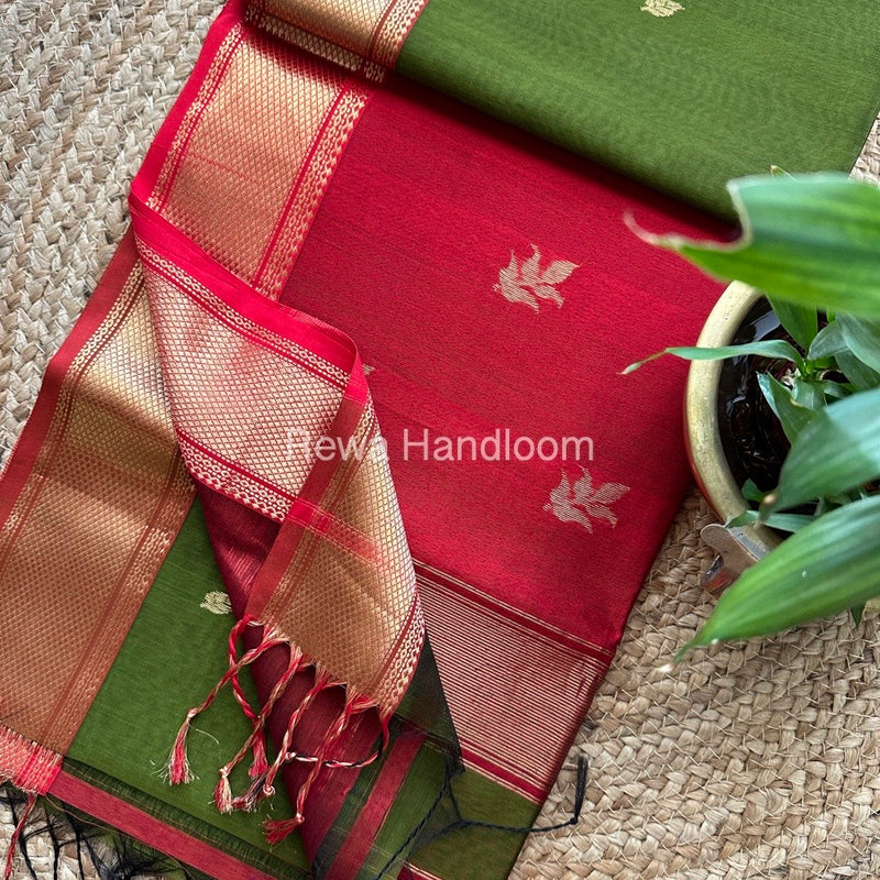 Mehendi Green Butta Pallu Zari Border Maheshwari Saree ZBB032