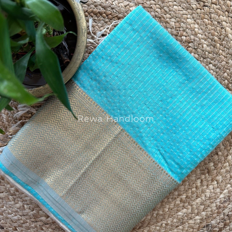 Maheshwari Light Sky Blue Zari Skirt Checks Saree SCS010