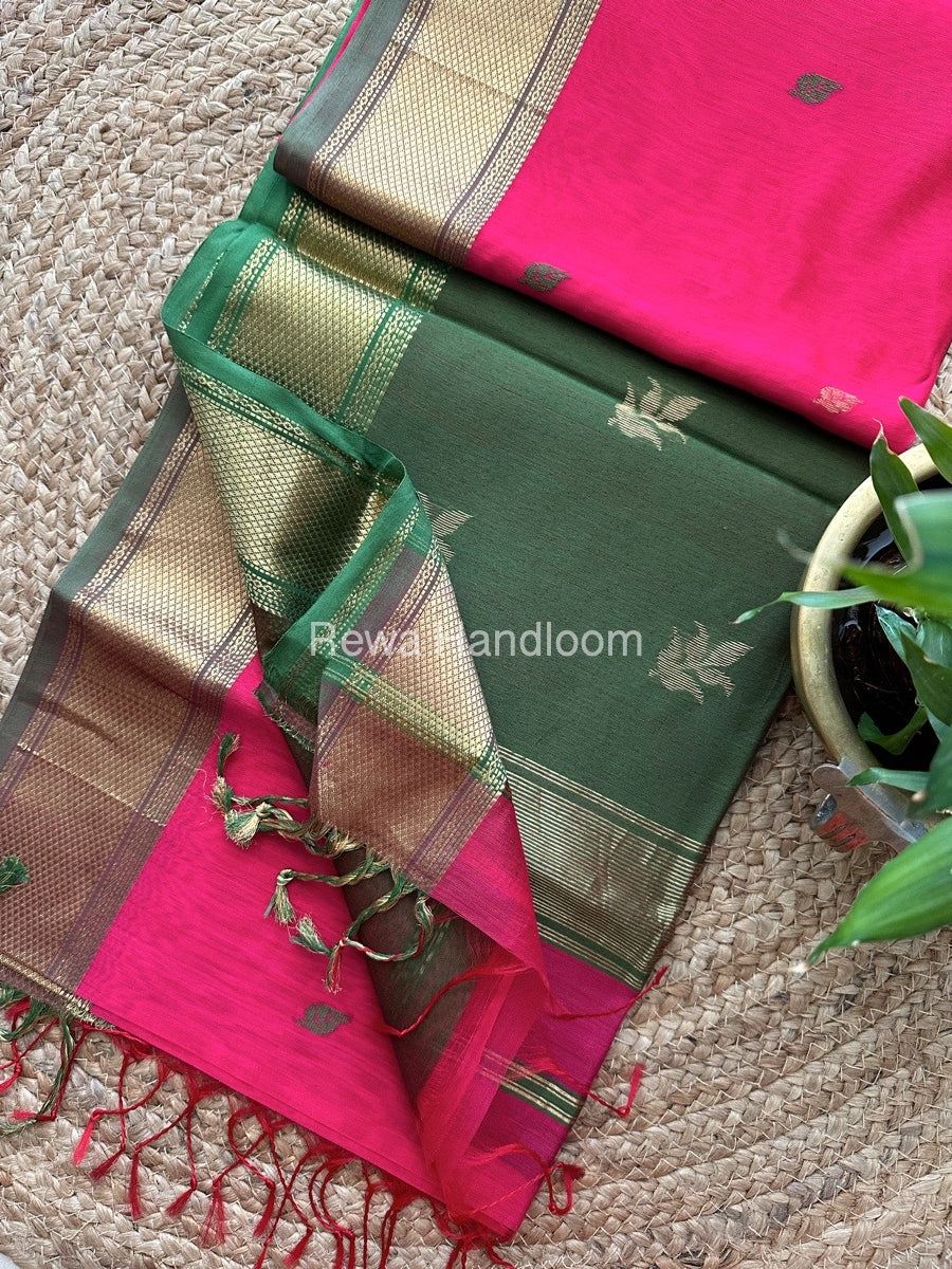 Rani Pink Butta Pallu Zari Border Maheshwari Saree ZBB033