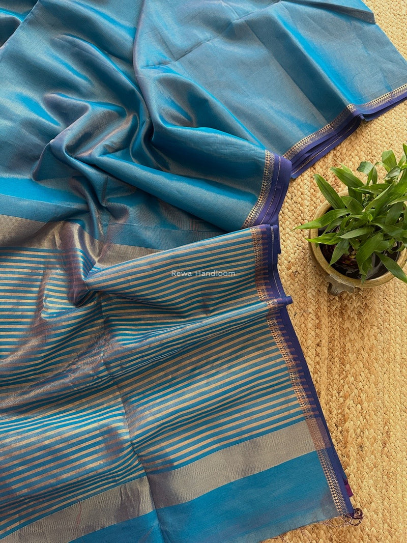 Maheshwari Ink Blue Tissue Silk Saree TB021