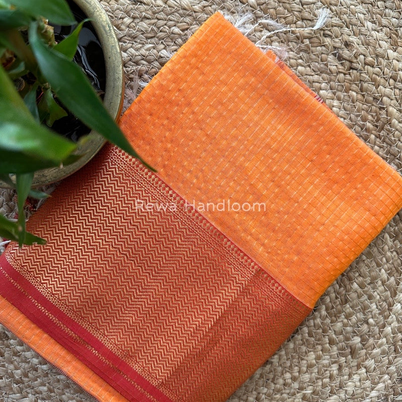 Maheshwari Orange Skirt Checks Saree SCS015