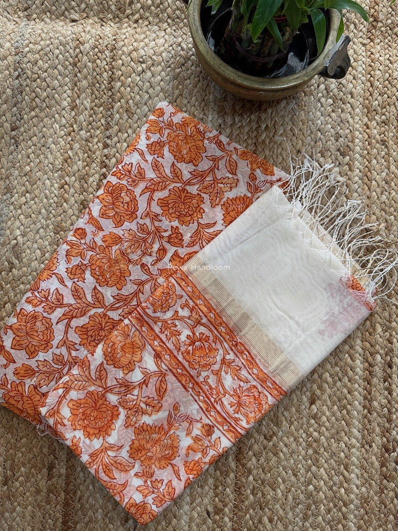 Maheshwari Orange Handblock Print Top-Dupatta HBS0152