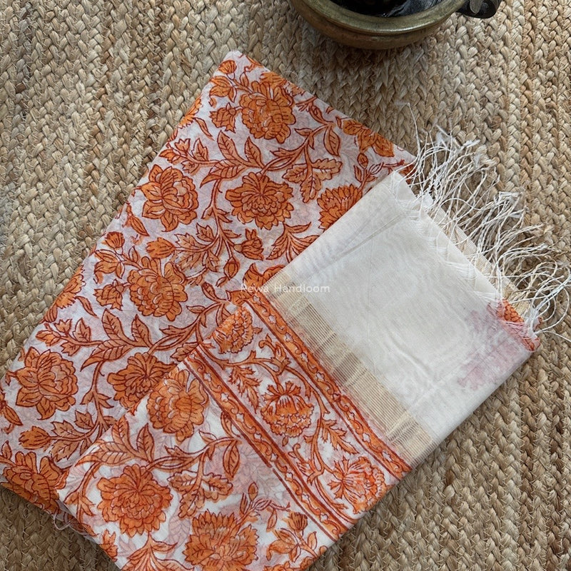Maheshwari Orange Handblock Print Top-Dupatta HBS0152