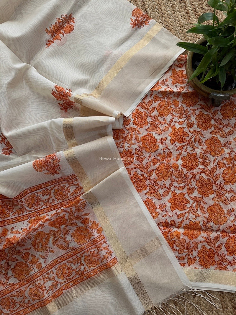 Maheshwari Orange Handblock Print Top-Dupatta HBS0152