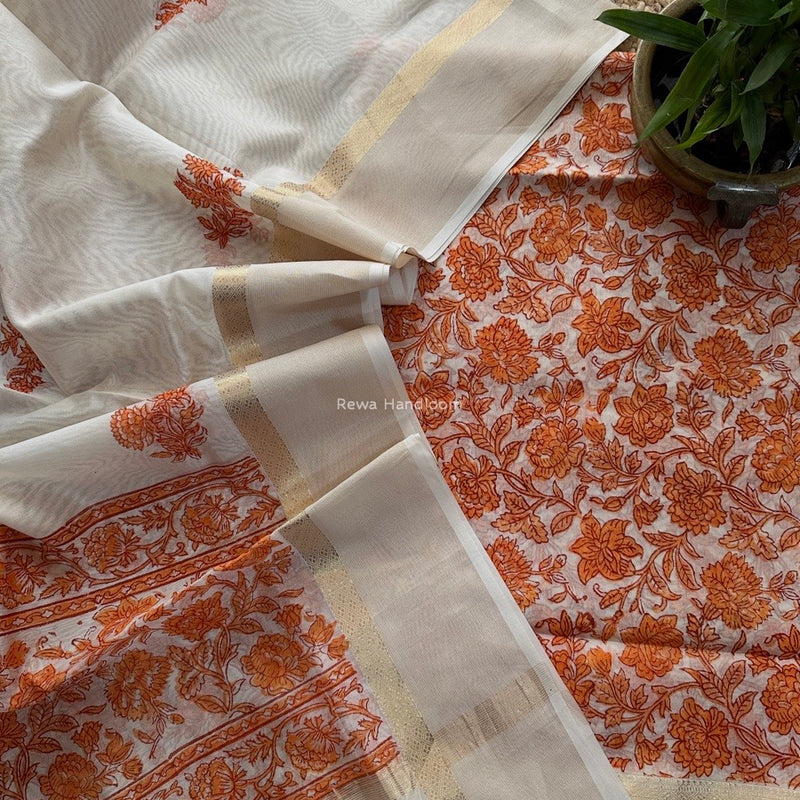 Maheshwari Orange Handblock Print Top-Dupatta HBS0152