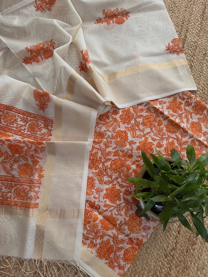 Maheshwari Orange Handblock Print Top-Dupatta HBS0152