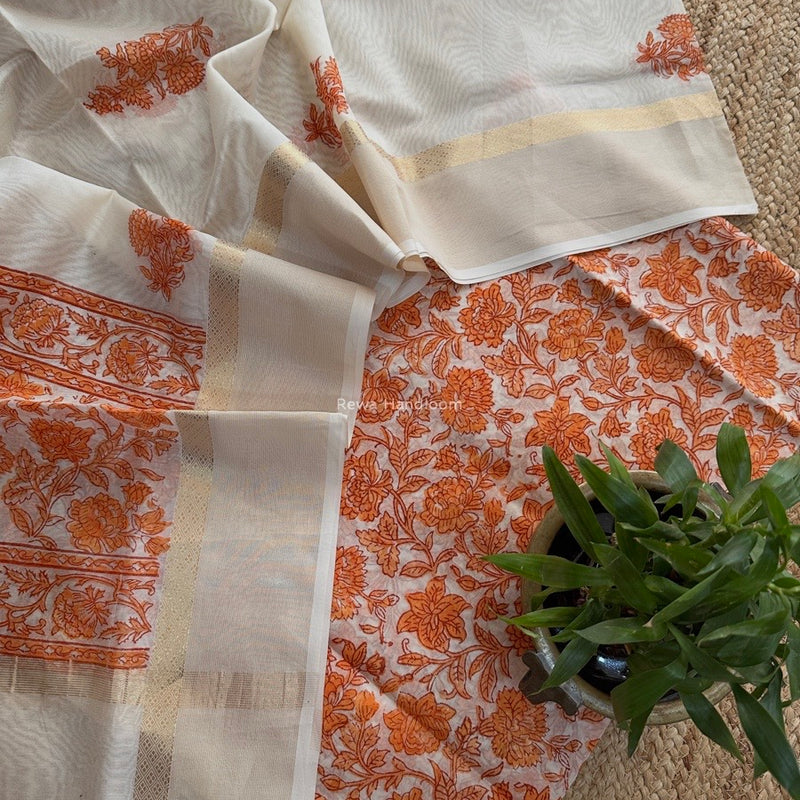 Maheshwari Orange Handblock Print Top-Dupatta HBS0152
