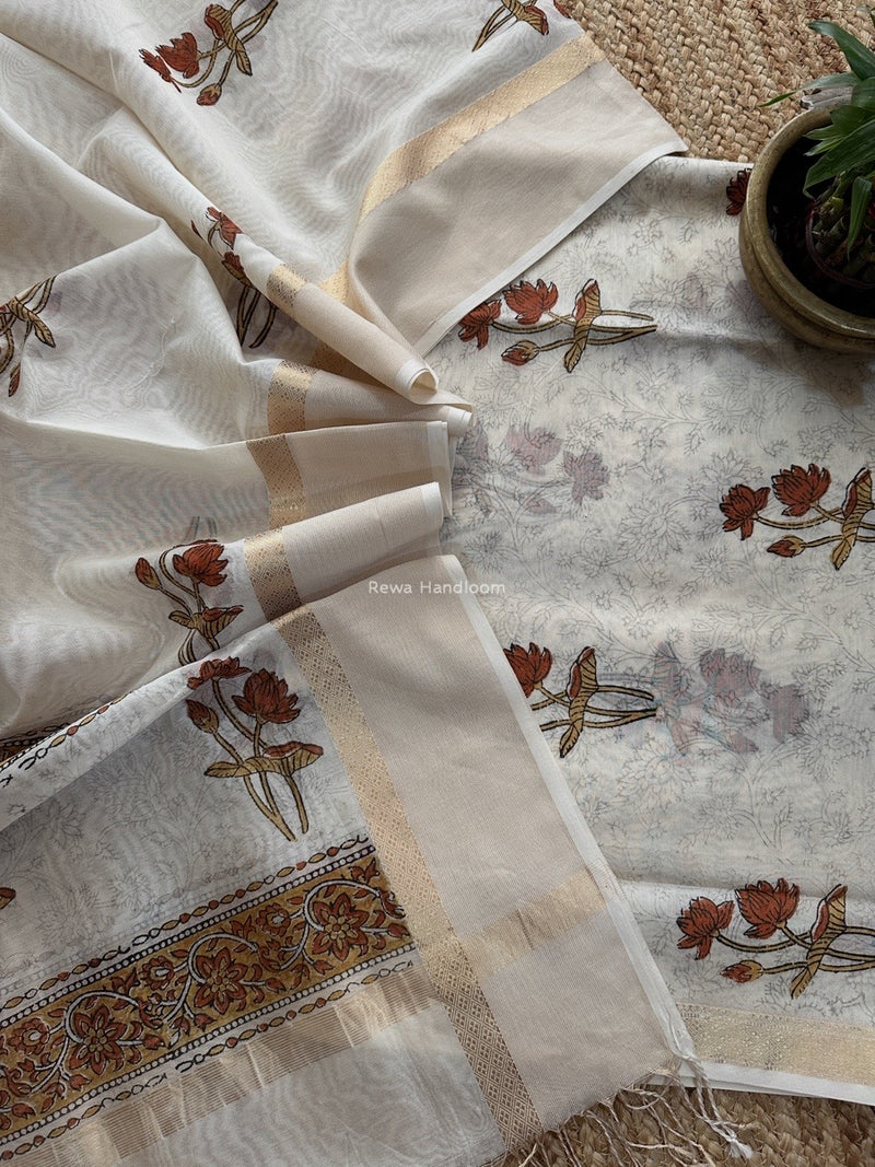 Maheshwari White Handblock Print Top-Dupatta HBS0153