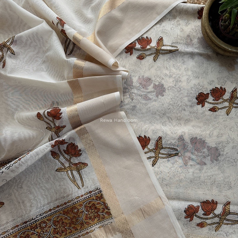 Maheshwari White Handblock Print Top-Dupatta HBS0153