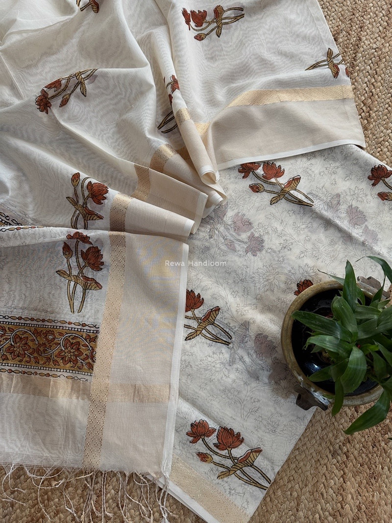 Maheshwari White Handblock Print Top-Dupatta HBS0153