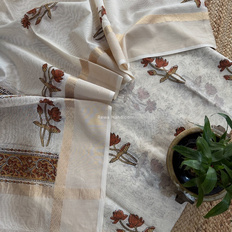 Maheshwari White Handblock Print Top-Dupatta HBS0153
