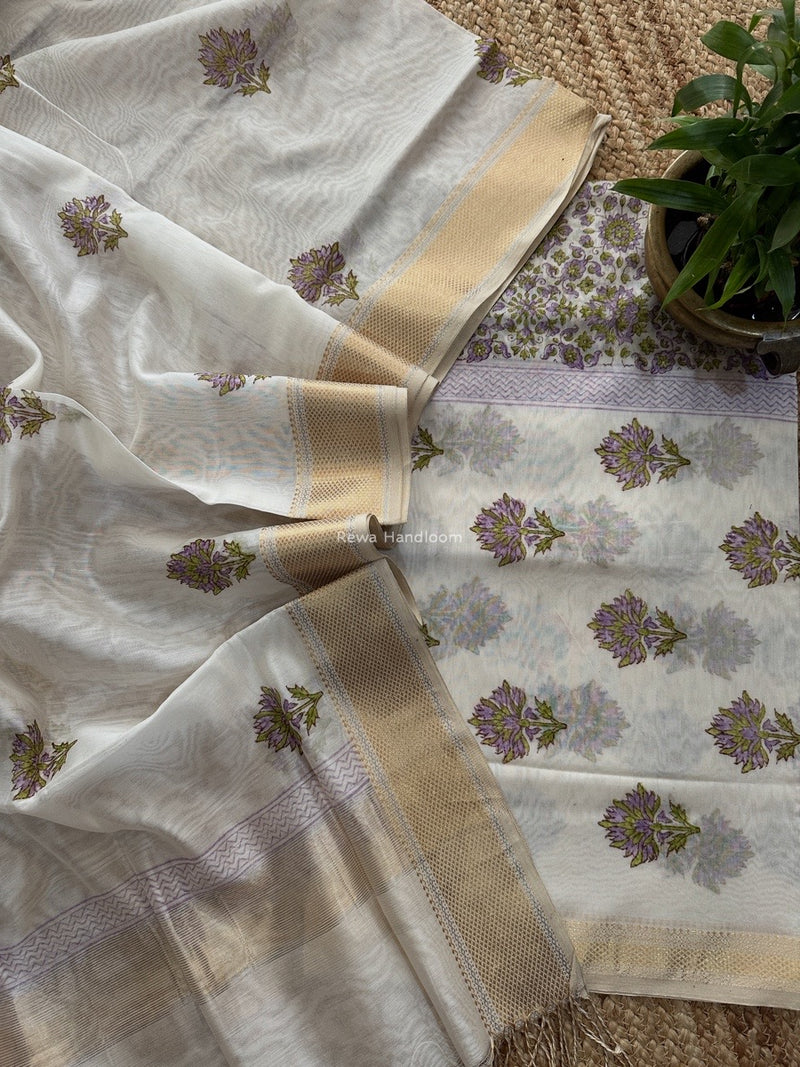 Maheshwari White Handblock Print Top-Dupatta HBS0154