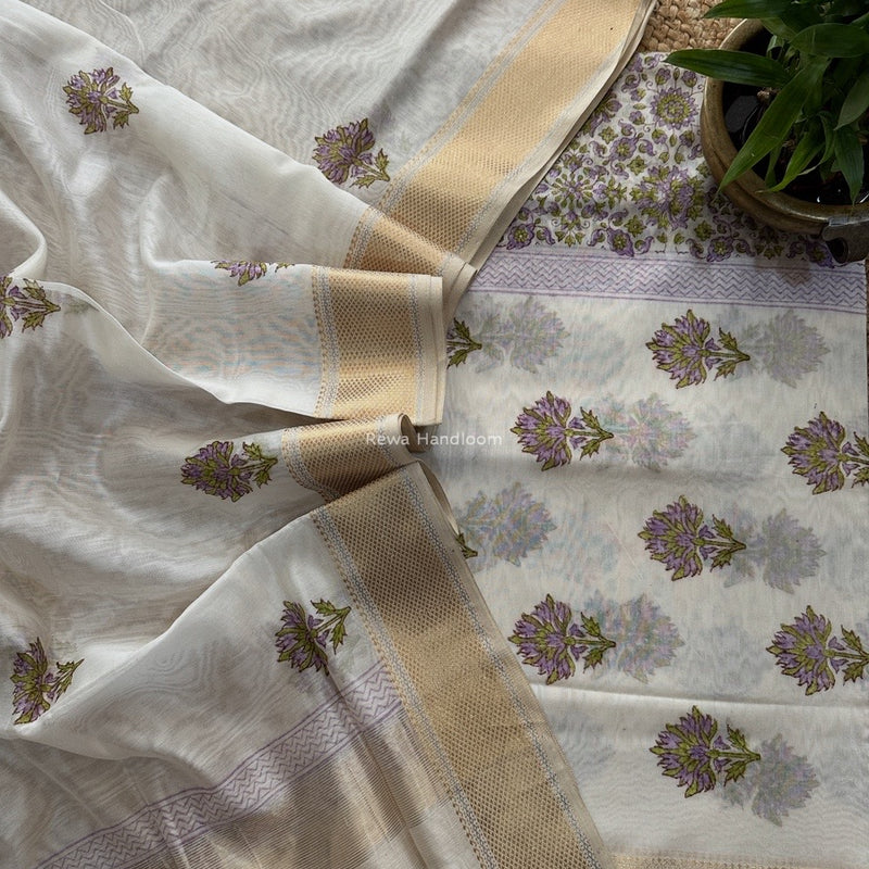 Maheshwari White Handblock Print Top-Dupatta HBS0154