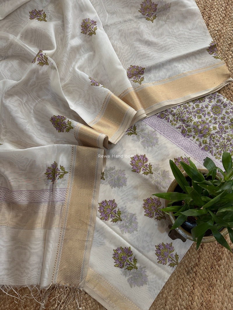 Maheshwari White Handblock Print Top-Dupatta HBS0154