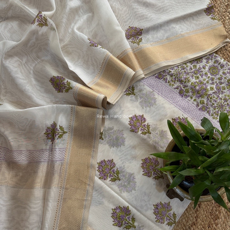 Maheshwari White Handblock Print Top-Dupatta HBS0154