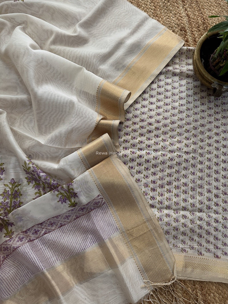 Maheshwari White Handblock Print Top-Dupatta HBS0155